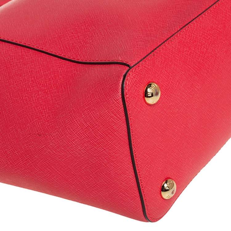 Pre Owned Michael Kors Coral Red Leather Medium Jet Set Top Zip Tote