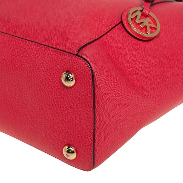 Pre Owned Michael Kors Coral Red Leather Medium Jet Set Top Zip Tote