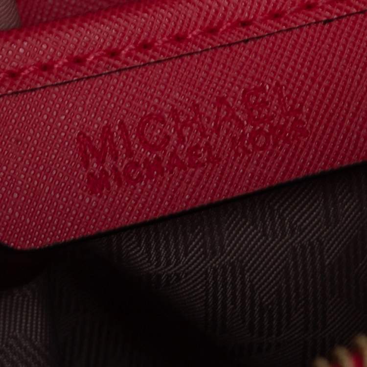 Pre Owned Michael Kors Coral Red Leather Medium Jet Set Top Zip Tote