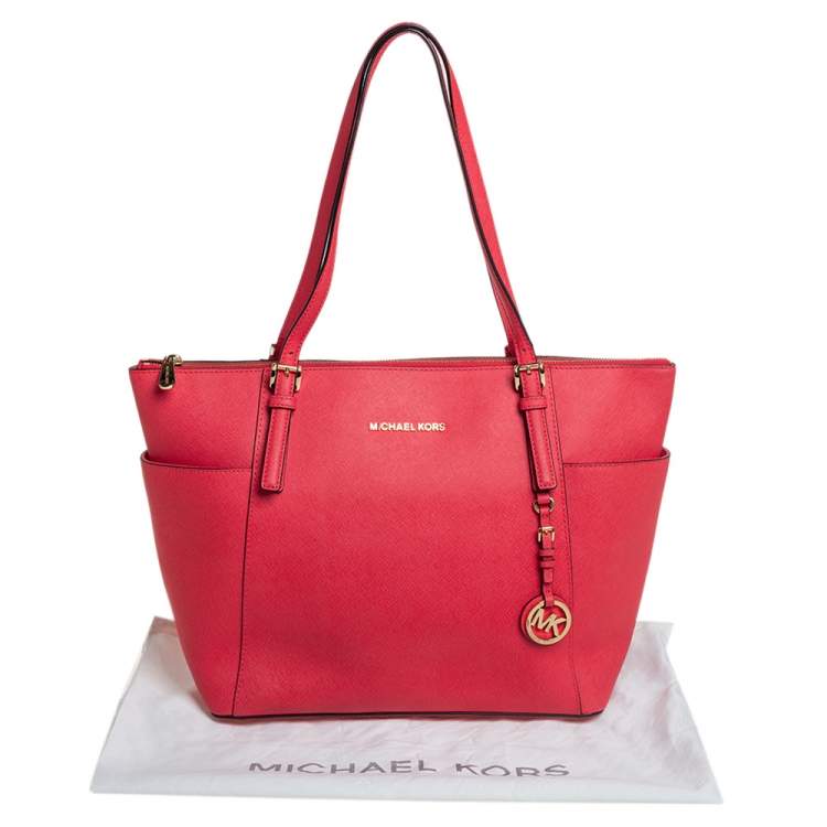 Pre Owned Michael Kors Coral Red Leather Medium Jet Set Top Zip Tote