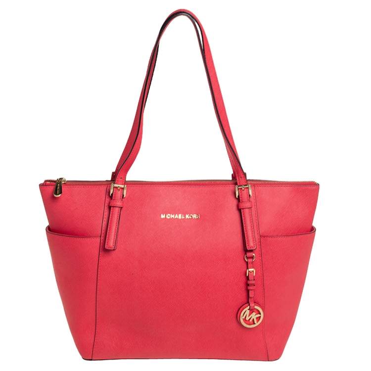 Pre Owned Michael Kors Coral Red Leather Medium Jet Set Top Zip Tote