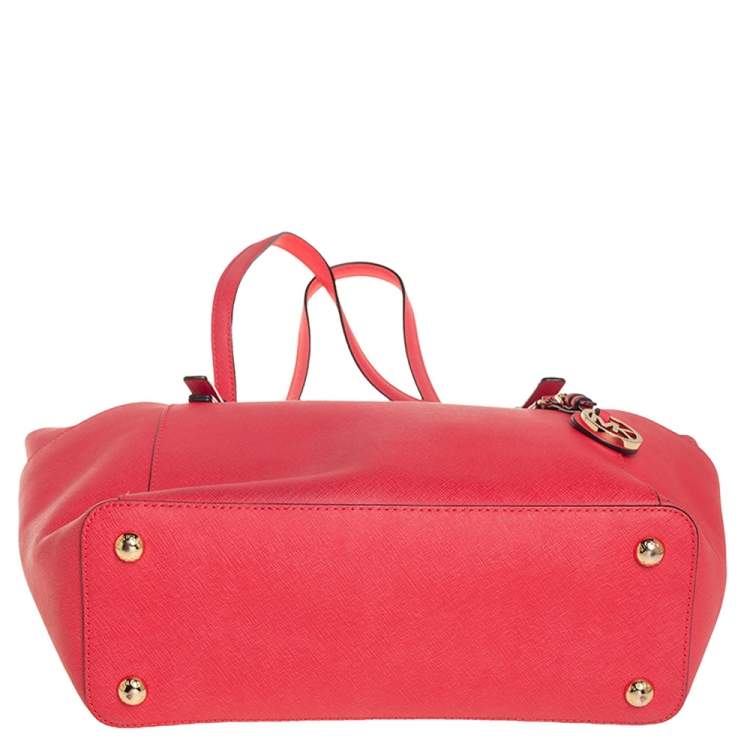 Pre Owned Michael Kors Coral Red Leather Medium Jet Set Top Zip Tote