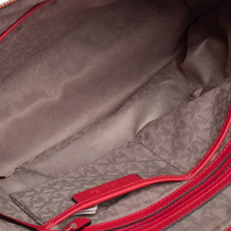 Pre Owned Michael Kors Coral Red Leather Medium Jet Set Top Zip Tote