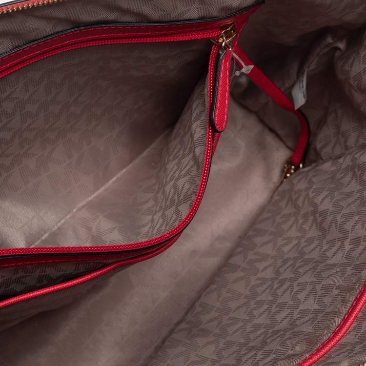 Pre Owned Michael Kors Coral Red Leather Medium Jet Set Top Zip Tote