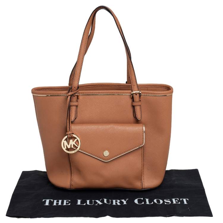 Pre Owned Michael Kors Brown Saffiano Leather Jet Set Pocket Tote