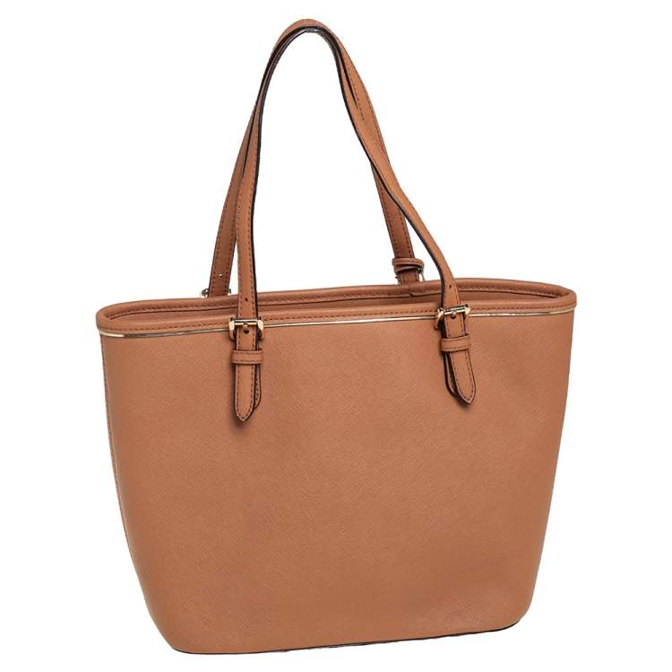 Pre Owned Michael Kors Brown Saffiano Leather Jet Set Pocket Tote