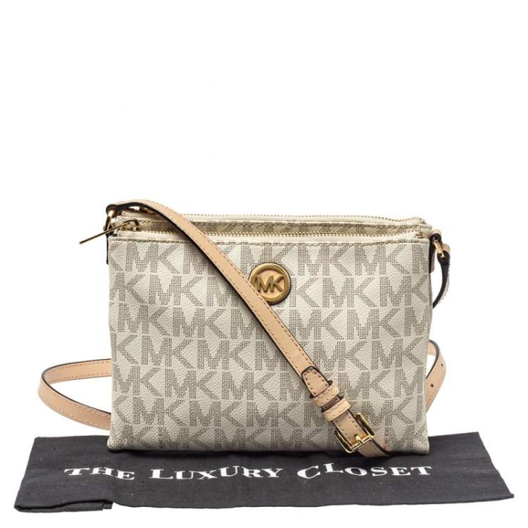 Pre Owned Michael Kors White/Tan Monogram Coated Canvas and Leather Crossbody Bag