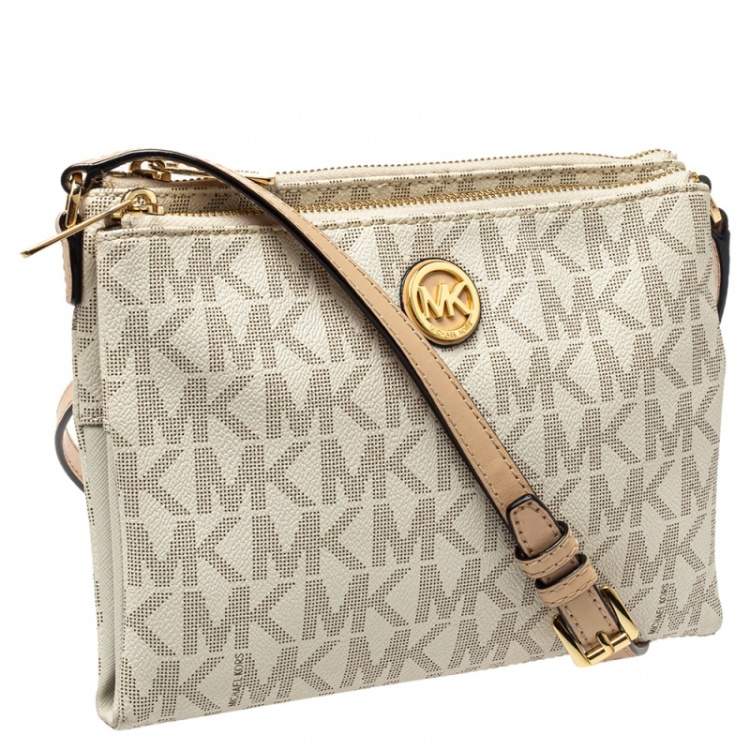 Pre Owned Michael Kors White/Tan Monogram Coated Canvas and Leather Crossbody Bag
