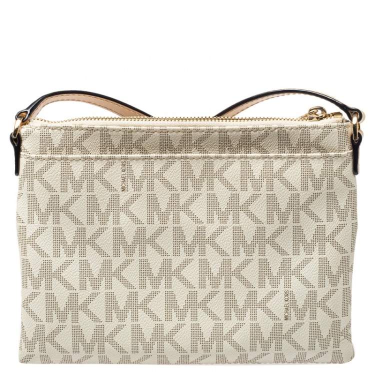Pre Owned Michael Kors White/Tan Monogram Coated Canvas and Leather Crossbody Bag