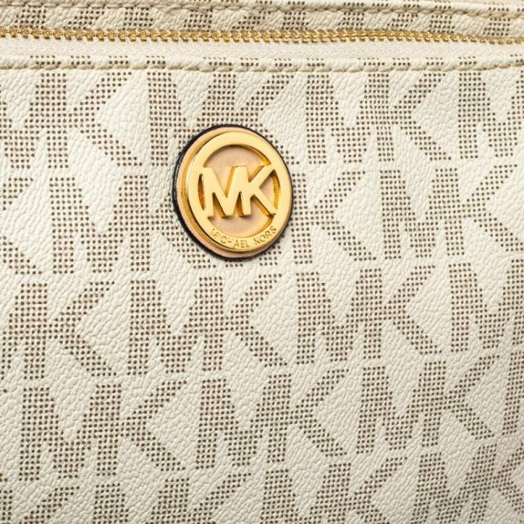 Pre Owned Michael Kors White/Tan Monogram Coated Canvas and Leather Crossbody Bag