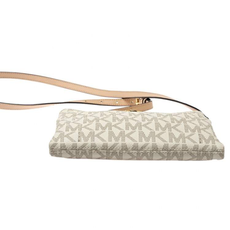 Pre Owned Michael Kors White/Tan Monogram Coated Canvas and Leather Crossbody Bag
