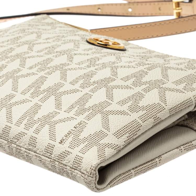 Pre Owned Michael Kors White/Tan Monogram Coated Canvas and Leather Crossbody Bag