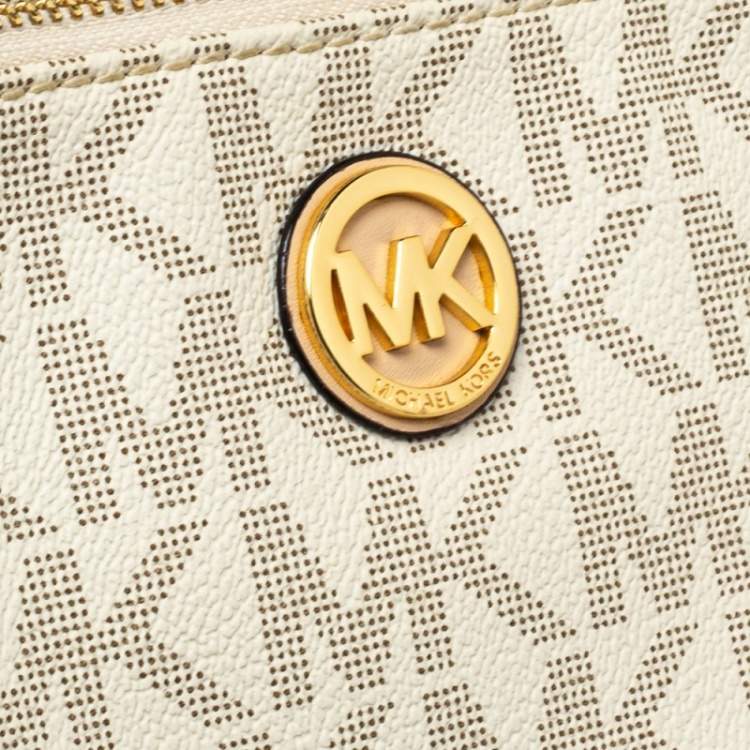 Pre Owned Michael Kors White/Tan Monogram Coated Canvas and Leather Crossbody Bag