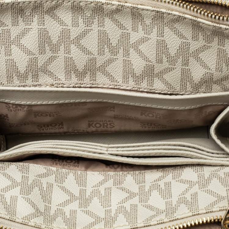 Pre Owned Michael Kors White/Tan Monogram Coated Canvas and Leather Crossbody Bag