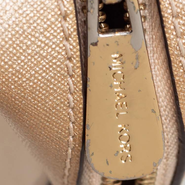 Pre Owned Michael Kors Gold Saffiano Leather Jet Set Camera Crossbody Bag