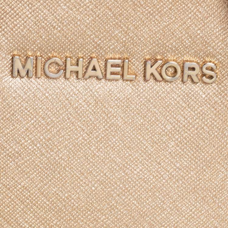 Pre Owned Michael Kors Gold Saffiano Leather Jet Set Camera Crossbody Bag