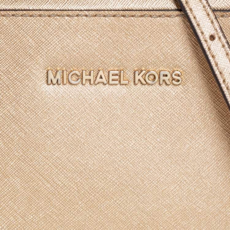 Pre Owned Michael Kors Gold Saffiano Leather Jet Set Camera Crossbody Bag