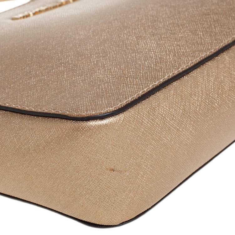 Pre Owned Michael Kors Gold Saffiano Leather Jet Set Camera Crossbody Bag