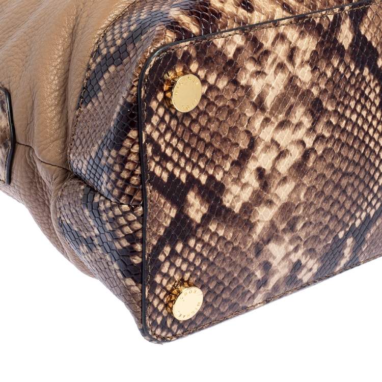 Pre Owned Michael Kors Beige/Brown Leather and Python Embossed Leather Smythe Satchel