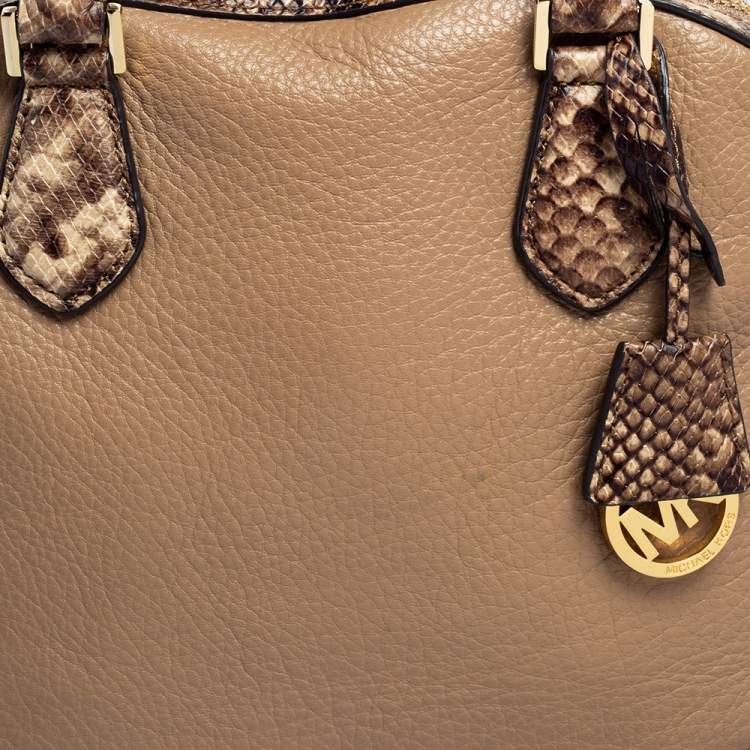 Pre Owned Michael Kors Beige/Brown Leather and Python Embossed Leather Smythe Satchel