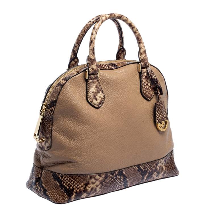 Pre Owned Michael Kors Beige/Brown Leather and Python Embossed Leather Smythe Satchel