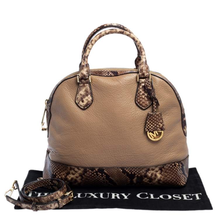 Pre Owned Michael Kors Beige/Brown Leather and Python Embossed Leather Smythe Satchel