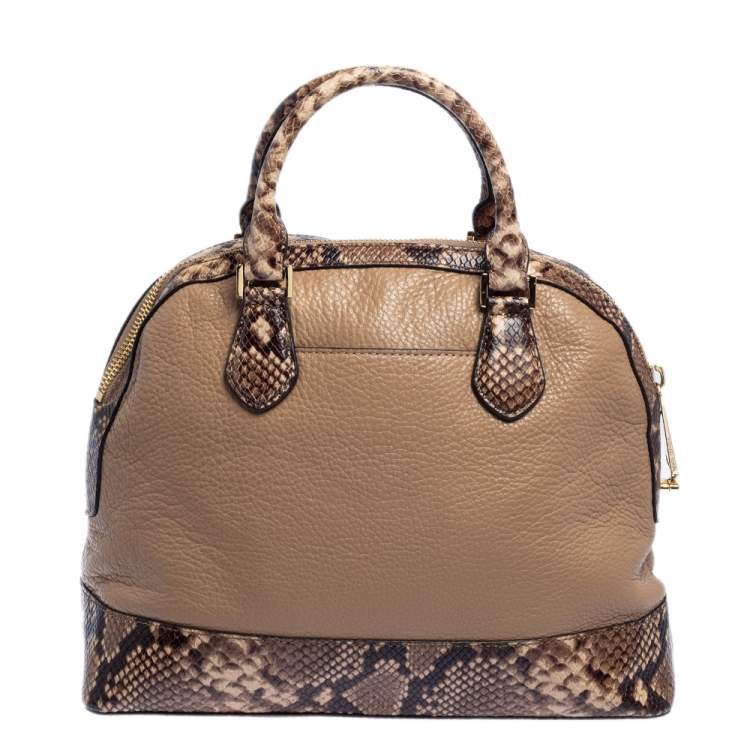 Pre Owned Michael Kors Beige/Brown Leather and Python Embossed Leather Smythe Satchel