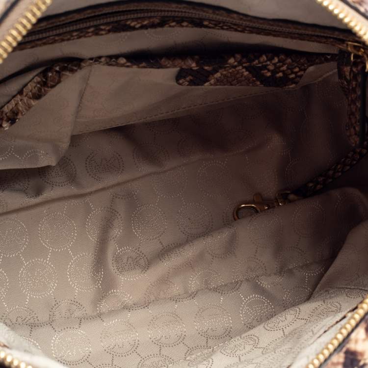 Pre Owned Michael Kors Beige/Brown Leather and Python Embossed Leather Smythe Satchel