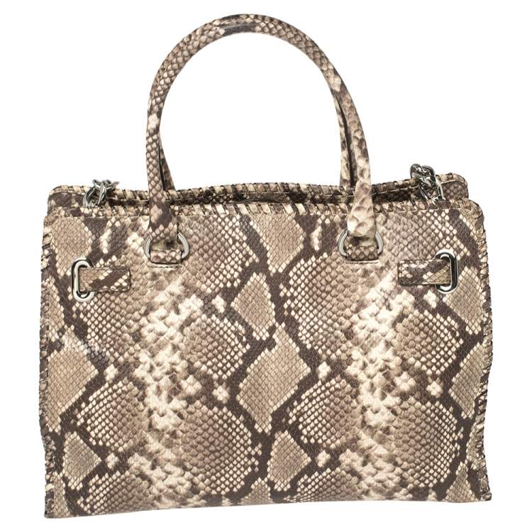 Pre Owned Micheal Kors Brown/Beige Python Embossed Leather Hamilton Tote