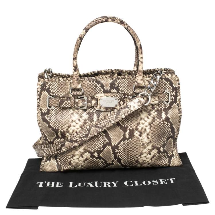 Pre Owned Micheal Kors Brown/Beige Python Embossed Leather Hamilton Tote