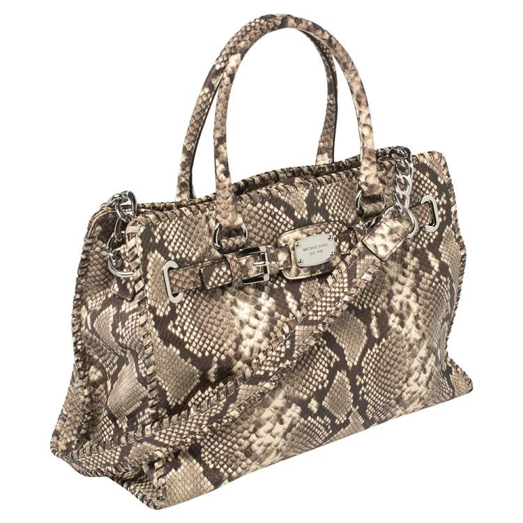 Pre Owned Micheal Kors Brown/Beige Python Embossed Leather Hamilton Tote