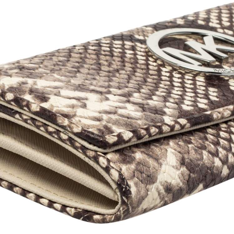 Pre Owned Michael Kors White/Brown Python Embossed Leather Flap Continental Wallet