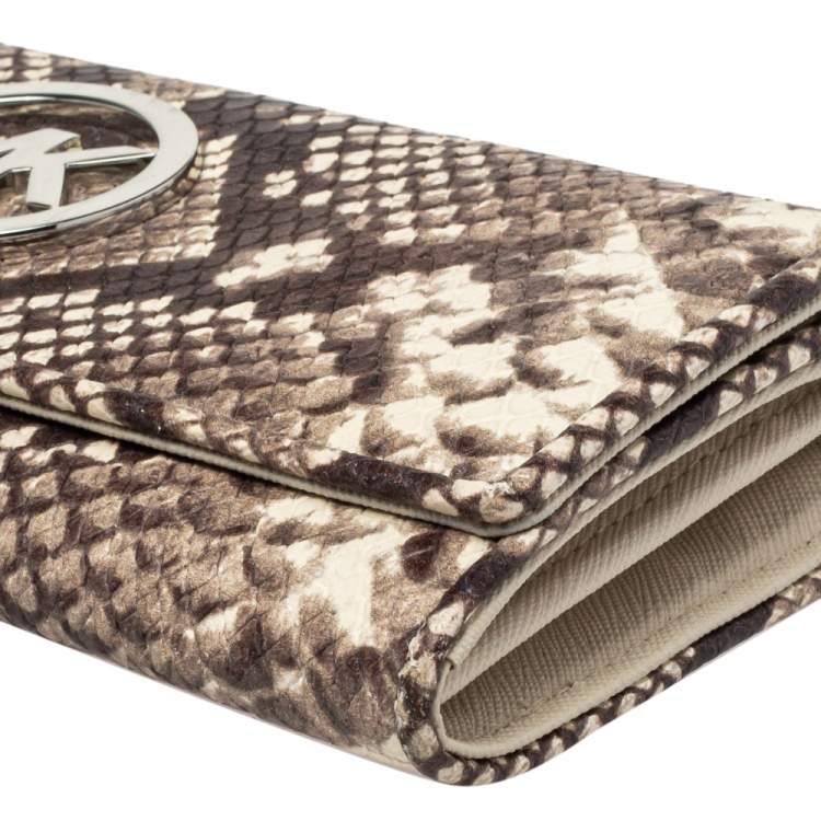 Pre Owned Michael Kors White/Brown Python Embossed Leather Flap Continental Wallet