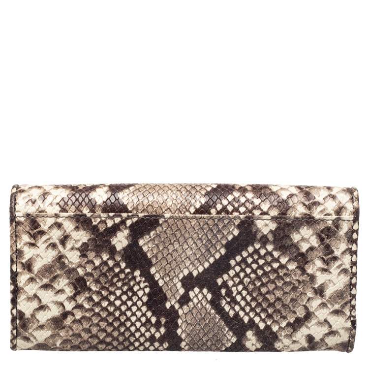 Pre Owned Michael Kors White/Brown Python Embossed Leather Flap Continental Wallet