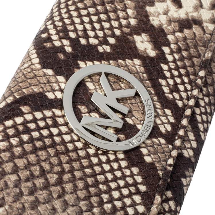 Pre Owned Michael Kors White/Brown Python Embossed Leather Flap Continental Wallet