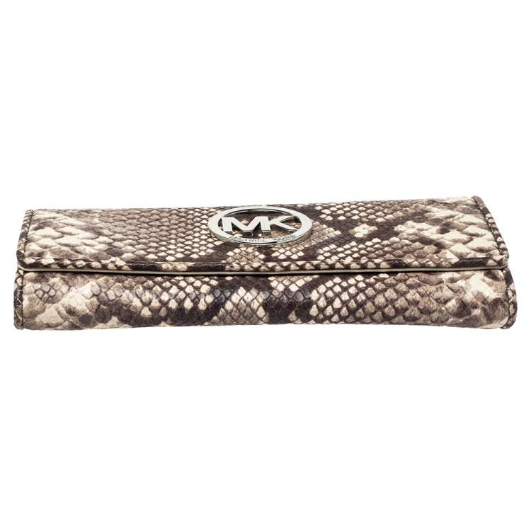 Pre Owned Michael Kors White/Brown Python Embossed Leather Flap Continental Wallet