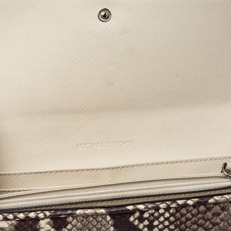 Pre Owned Michael Kors White/Brown Python Embossed Leather Flap Continental Wallet