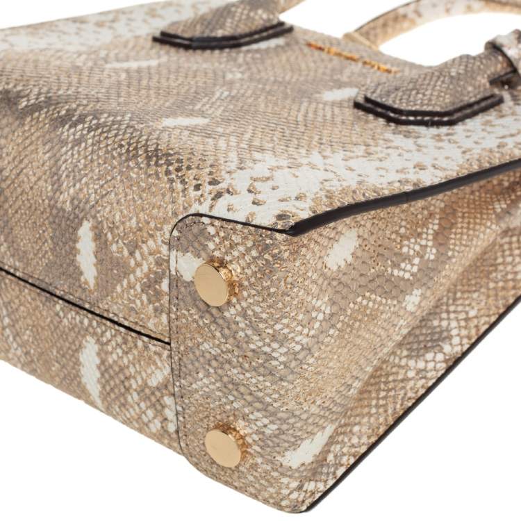 Pre Owned Michael Kors White/Gold Python Embossed Leather Small Mercer Tote