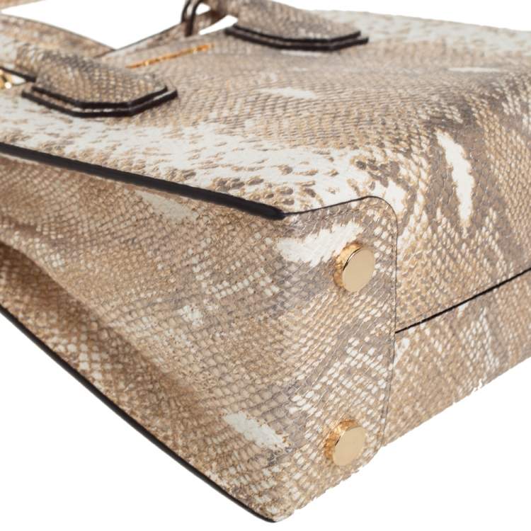 Pre Owned Michael Kors White/Gold Python Embossed Leather Small Mercer Tote