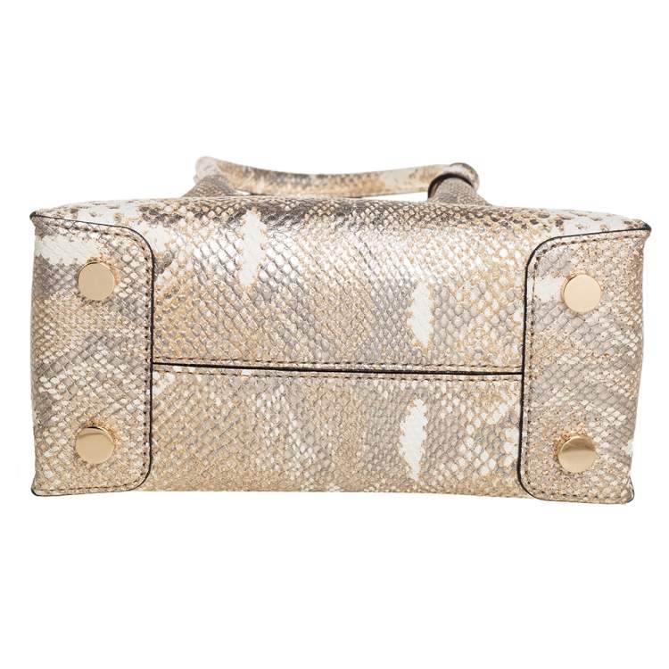 Pre Owned Michael Kors White/Gold Python Embossed Leather Small Mercer Tote