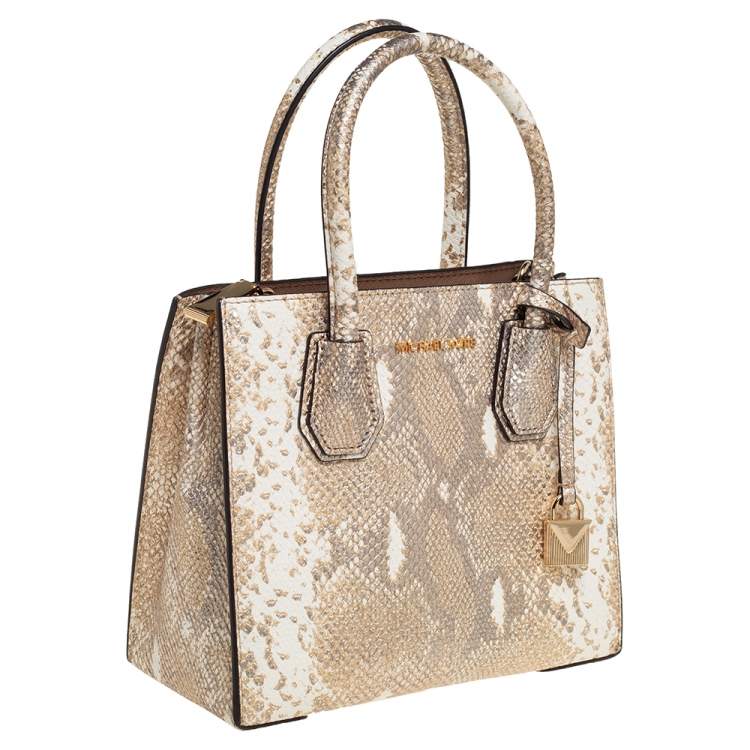 Pre Owned Michael Kors White/Gold Python Embossed Leather Small Mercer Tote