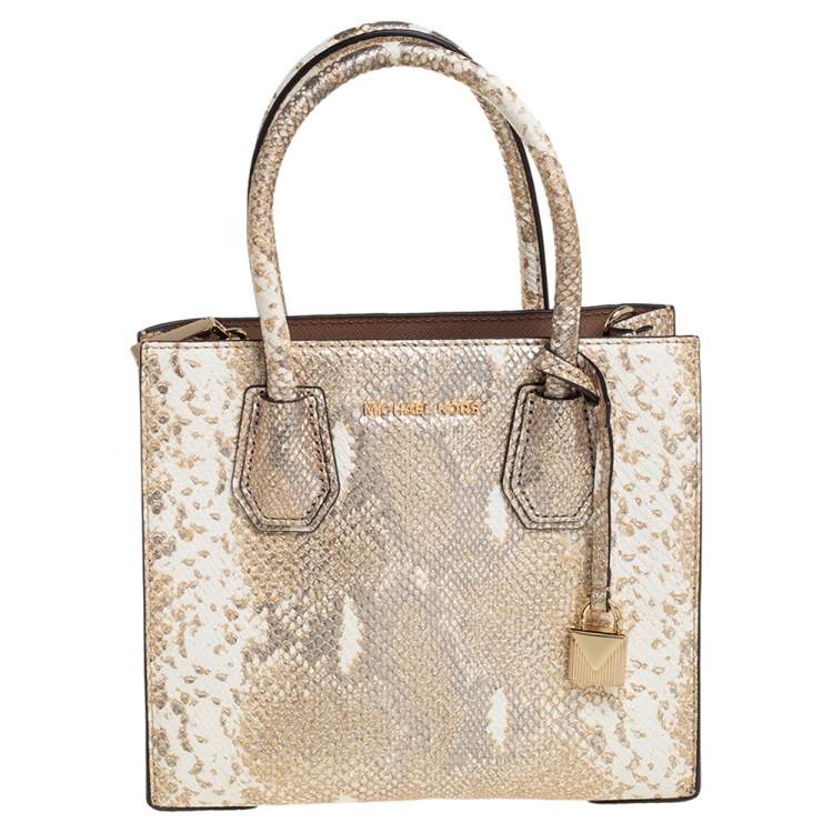 Pre Owned Michael Kors White/Gold Python Embossed Leather Small Mercer Tote