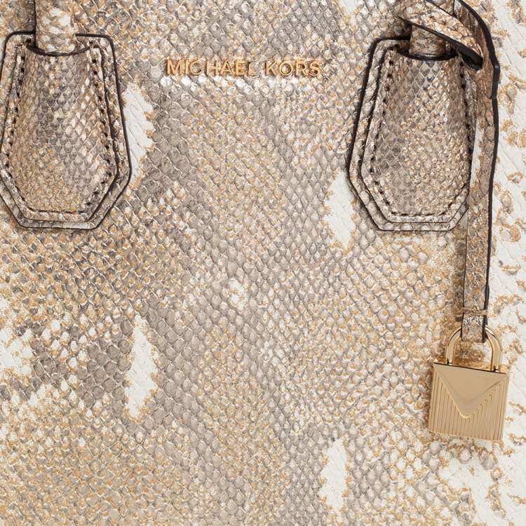 Pre Owned Michael Kors White/Gold Python Embossed Leather Small Mercer Tote
