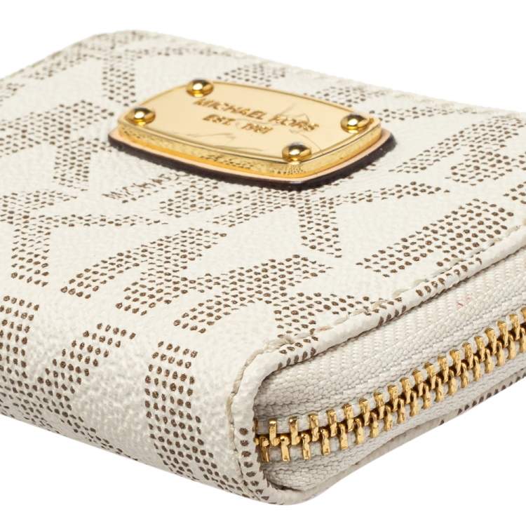 Pre Owned Michael Kors White Signature Coated Canvas Zip Around Compact Wallet