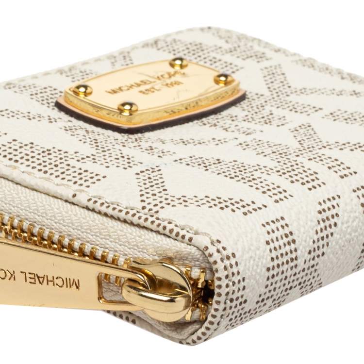 Pre Owned Michael Kors White Signature Coated Canvas Zip Around Compact Wallet