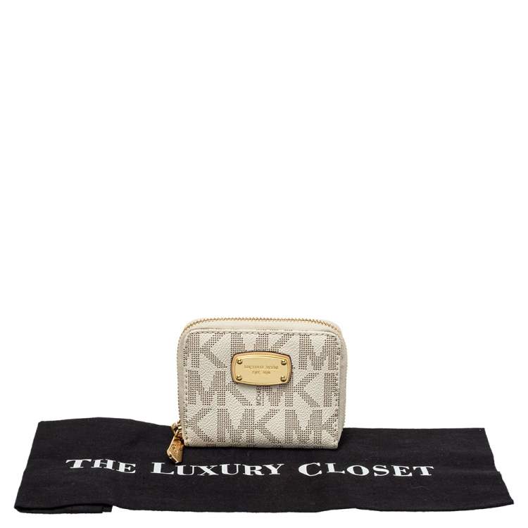 Pre Owned Michael Kors White Signature Coated Canvas Zip Around Compact Wallet
