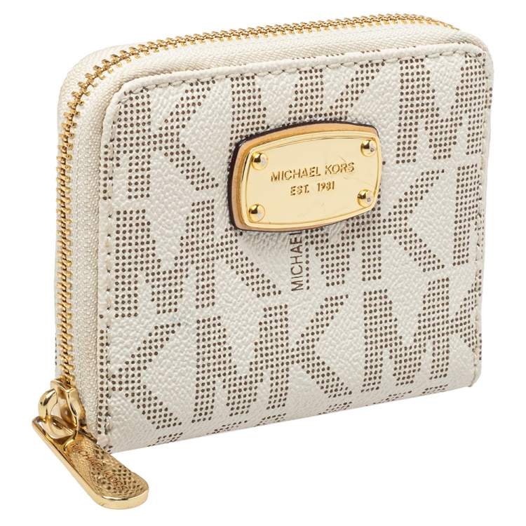 Pre Owned Michael Kors White Signature Coated Canvas Zip Around Compact Wallet