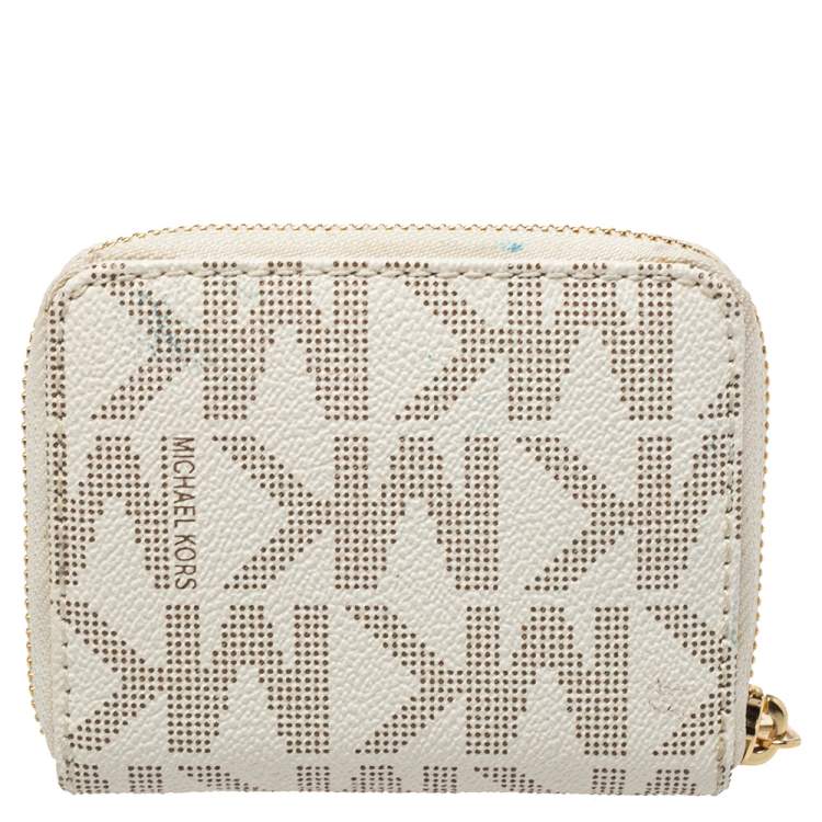 Pre Owned Michael Kors White Signature Coated Canvas Zip Around Compact Wallet