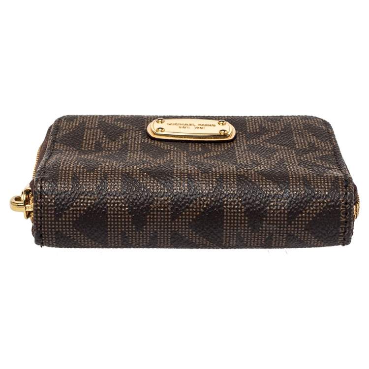 Pre Owned  Michael Kors Brown Signature Coated Canvas Zip Around Compact Wallet