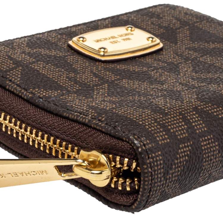 Pre Owned  Michael Kors Brown Signature Coated Canvas Zip Around Compact Wallet